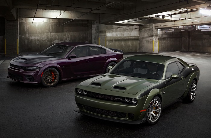 The 2022 Dodge Charger (left) and Challenger SRT Hellcat Redeye