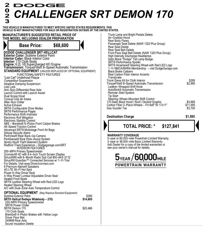 2023 Dodge Challenger SRT Demon 170 Window Sticker